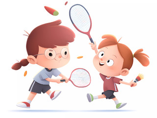体育教育羽毛球暑期班招生白底卡通人物女孩打羽毛球元素